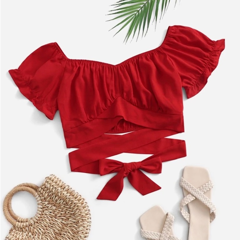 Red SHEIN Off-the-Shoulder Wrap Top